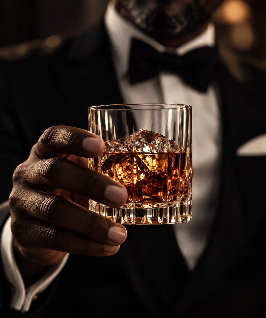Man in a tuxedo holding a glass of whiskey for a whiskey smoker guide