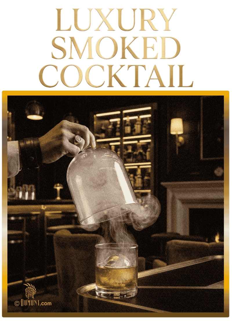 Luxury smoked whiskey cocktail under a glass cloche with cinematic smoke presentation in a premium cocktail bar