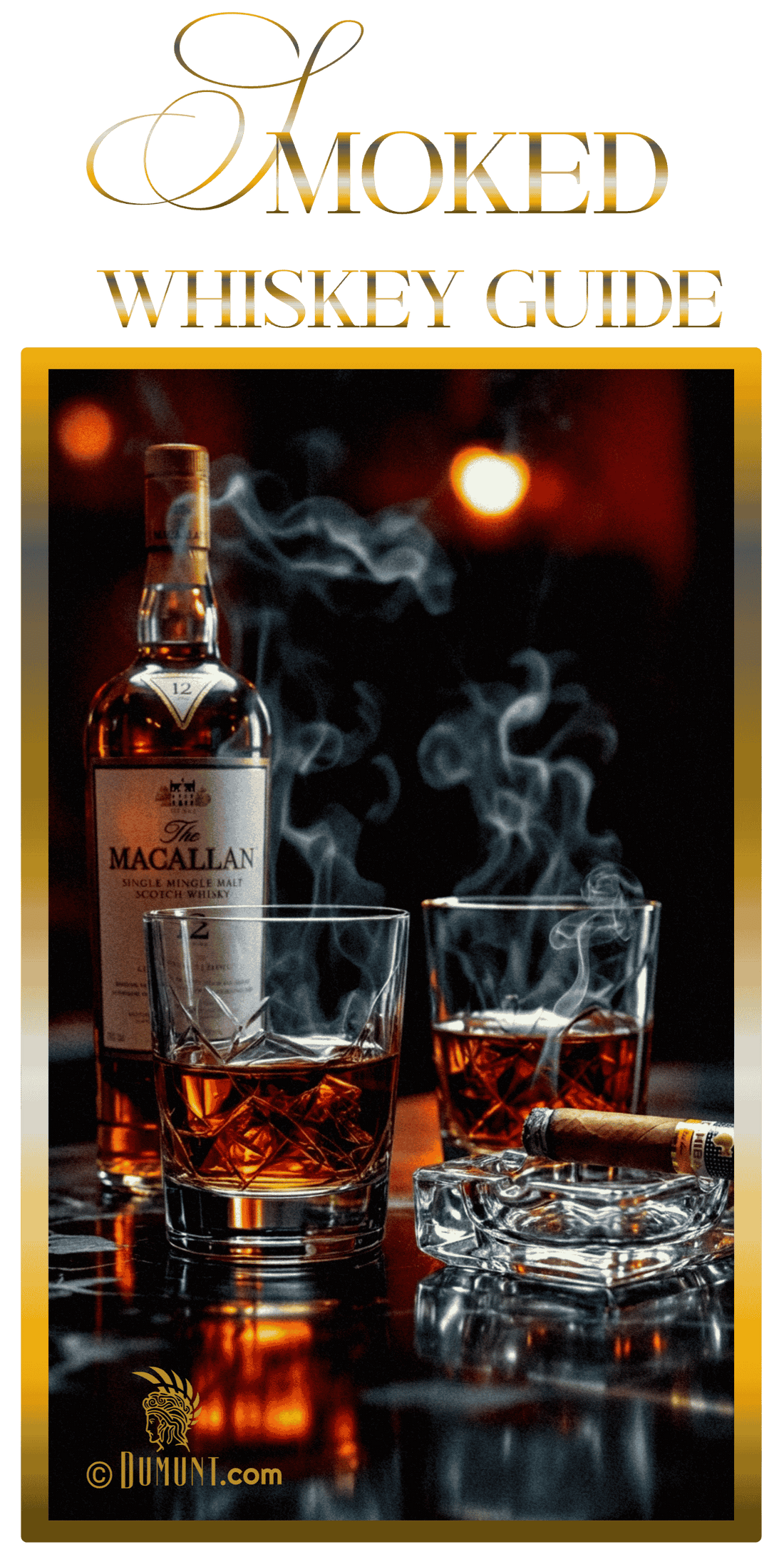 Luxury smoked whiskey guide featuring Macallan whisky, smoky bourbon glasses, and cinematic home bar atmosphere