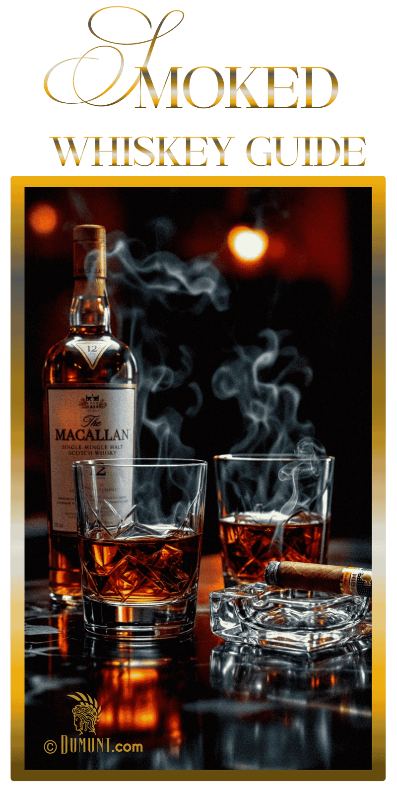 Luxury smoked whiskey guide featuring Macallan whisky, smoky bourbon glasses, and cinematic home bar atmosphere