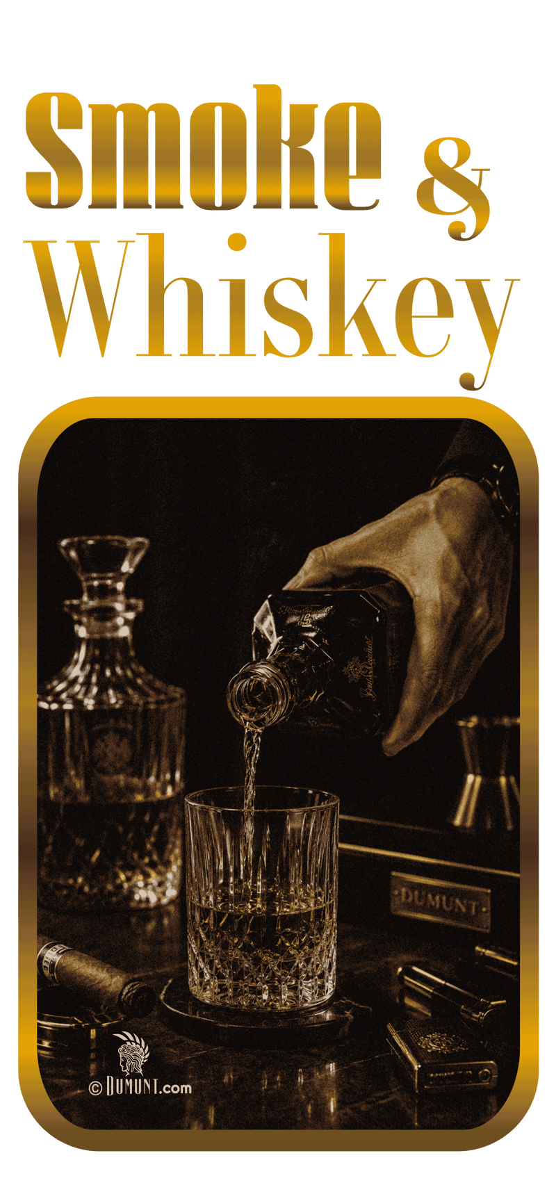 Luxury whiskey ritual presentation featuring smoked whiskey, crystal decanter, artisan ice molds, premium glassware, and cinematic bar atmosphere.