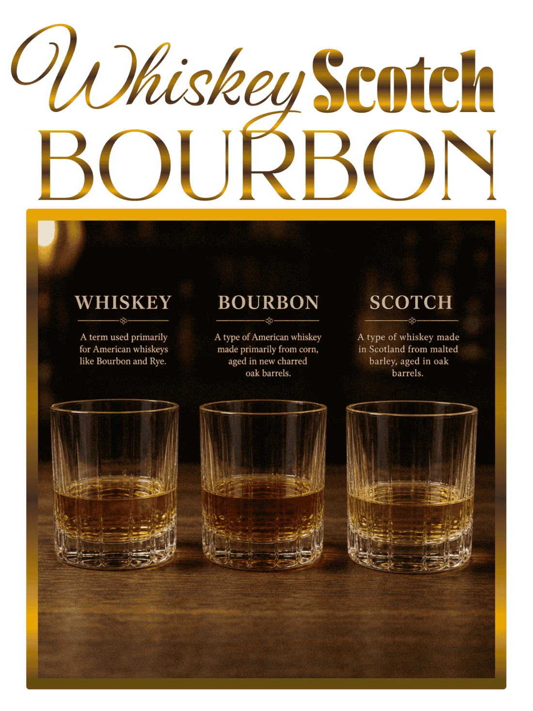 Luxury whiskey comparison showing the difference between whiskey, bourbon, and scotch with tasting glasses and flavor descriptions