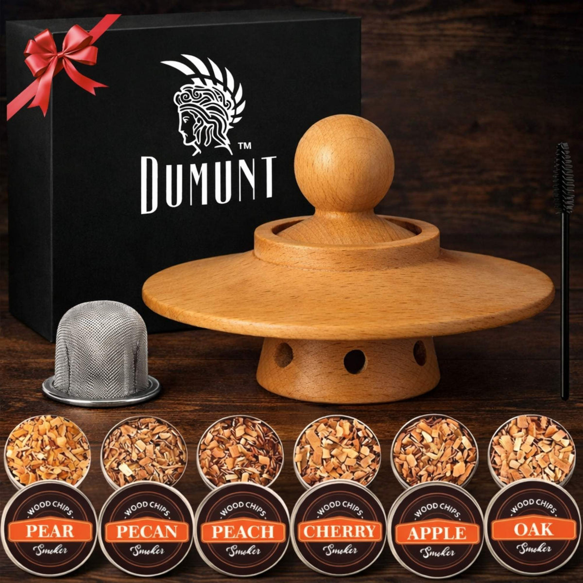 Whiskey Smoker Kit – Wooden Cocktail Smoker with 6 Wood Chip Flavors & Metal Filter